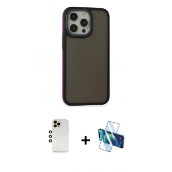 MARSİLYAN™- iPhone 13 Pro Max Kılıf Eksen Işık - Siyah 3D Antistatik Cam Ekran Koruyucu + Shine Kamera Lens - GD
