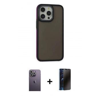 MARSİLYAN™- iPhone 13 Pro Max Kılıf Eksen Işık - Siyah 3D Antistatik Hayalet Cam Ekran Koruyucu + Neon Fosforlu Kamera Lens - BZ