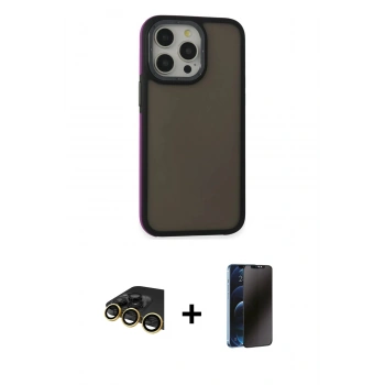 MARSİLYAN™- iPhone 13 Pro Max Kılıf Eksen Işık - Siyah 3D Antistatik Hayalet Cam Ekran Koruyucu + Raze Metal Kamera Lens - GD