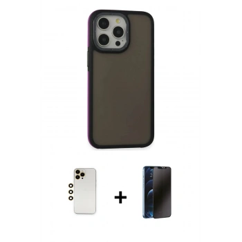 MARSİLYAN™- iPhone 13 Pro Max Kılıf Eksen Işık - Siyah 3D Antistatik Hayalet Cam Ekran Koruyucu + Shine Kamera Lens - GD