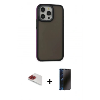 MARSİLYAN™- iPhone 13 Pro Max Kılıf Eksen Işık - Siyah 3D Antistatik Hayalet Cam Ekran Koruyucu + Pers Alüminyum Kamera Lens - KI