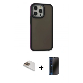 MARSİLYAN™- iPhone 13 Pro Max Kılıf Eksen Işık - Siyah 3D Antistatik Hayalet Cam Ekran Koruyucu + Pers Alüminyum Kamera Lens - GD