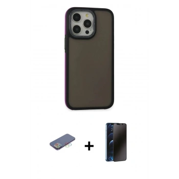 MARSİLYAN™- iPhone 13 Pro Max Kılıf Eksen Işık - Siyah 3D Antistatik Hayalet Cam Ekran Koruyucu + Renkli Kamera Lens Koruma Cam - MI