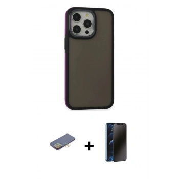 MARSİLYAN™- iPhone 13 Pro Max Kılıf Eksen Işık - Siyah 3D Antistatik Hayalet Cam Ekran Koruyucu + Renkli Kamera Lens Koruma Cam - SI