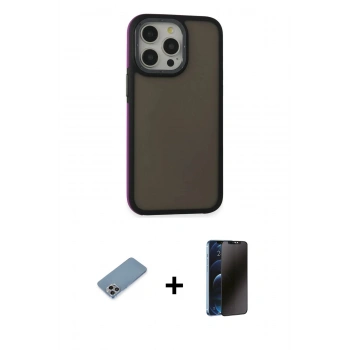 MARSİLYAN™- iPhone 13 Pro Max Kılıf Eksen Işık - Siyah 3D Antistatik Hayalet Cam Ekran Koruyucu + Shine Kamera Lens Koruma Cam - GI