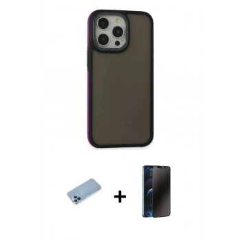 MARSİLYAN™- iPhone 13 Pro Max Kılıf Eksen Işık - Siyah 3D Antistatik Hayalet Cam Ekran Koruyucu + Shine Kamera Lens Koruma Cam - MI
