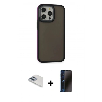 MARSİLYAN™- iPhone 13 Pro Max Kılıf Eksen Işık - Siyah 3D Antistatik Hayalet Cam Ekran Koruyucu + Pers Alüminyum Kamera Lens - SABE