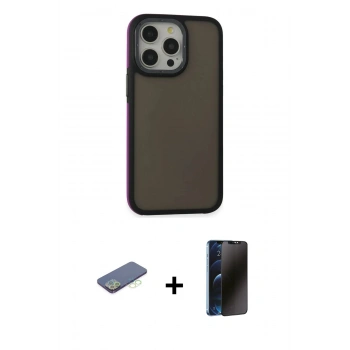 MARSİLYAN™- iPhone 13 Pro Max Kılıf Eksen Işık - Siyah 3D Antistatik Hayalet Cam Ekran Koruyucu + Renkli Kamera Lens Koruma Cam - YL