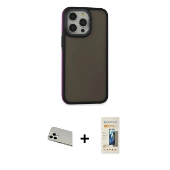 MARSİLYAN™- iPhone 13 Pro Max Kılıf Eksen Işık - Siyah 6D Mat Seramik Hayalet Nano Ekran Koruyucu + Rainbow Kamera Lens Koruma Cam - BZ