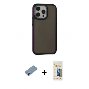 MARSİLYAN™- iPhone 13 Pro Max Kılıf Eksen Işık - Siyah 6D Mat Seramik Hayalet Nano Ekran Koruyucu + Shine Kamera Lens Koruma Cam - GI