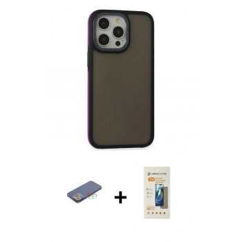 MARSİLYAN™- iPhone 13 Pro Max Kılıf Eksen Işık - Siyah 6D Mat Seramik Hayalet Nano Ekran Koruyucu + Renkli Kamera Lens Koruma Cam - MI