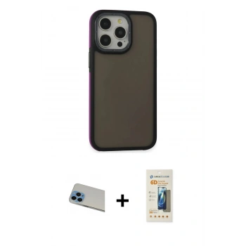 MARSİLYAN™- iPhone 13 Pro Max Kılıf Eksen Işık - Siyah 6D Mat Seramik Hayalet Nano Ekran Koruyucu + Rainbow Kamera Lens Koruma Cam - MI