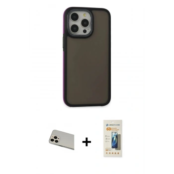 MARSİLYAN™- iPhone 13 Pro Max Kılıf Eksen Işık - Siyah 6D Mat Seramik Hayalet Nano Ekran Koruyucu + Rainbow Kamera Lens Koruma Cam - REGD