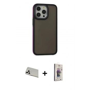 MARSİLYAN™- iPhone 13 Pro Max Kılıf Eksen Işık - Siyah Bilvis 3D Cam Ekran Koruyucu + Rainbow Kamera Lens Koruma Cam - BZ