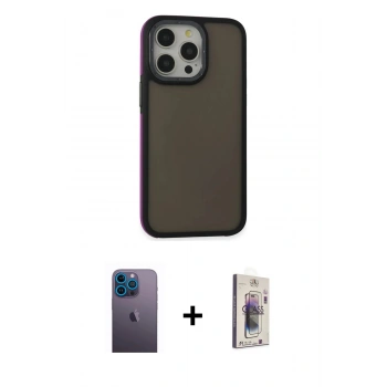 MARSİLYAN™- iPhone 13 Pro Max Kılıf Eksen Işık - Siyah Bilvis 3D Cam Ekran Koruyucu + Neon Fosforlu Kamera Lens - MI