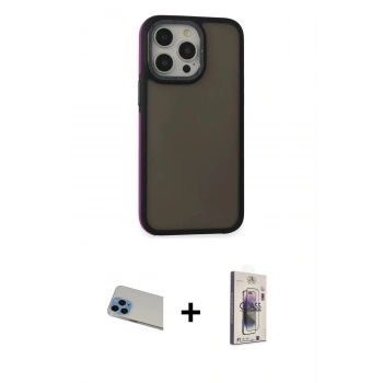 MARSİLYAN™- iPhone 13 Pro Max Kılıf Eksen Işık - Siyah Bilvis 3D Cam Ekran Koruyucu + Rainbow Kamera Lens Koruma Cam - MI