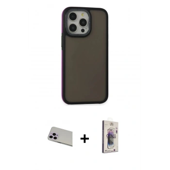 MARSİLYAN™- iPhone 13 Pro Max Kılıf Eksen Işık - Siyah Bilvis 3D Cam Ekran Koruyucu + Rainbow Kamera Lens Koruma Cam - MR