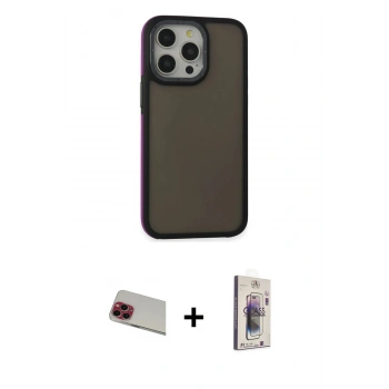 MARSİLYAN™- iPhone 13 Pro Max Kılıf Eksen Işık - Siyah Bilvis 3D Cam Ekran Koruyucu + Rainbow Kamera Lens Koruma Cam - KI