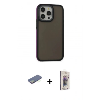 MARSİLYAN™- iPhone 13 Pro Max Kılıf Eksen Işık - Siyah Bilvis 3D Cam Ekran Koruyucu + Renkli Kamera Lens Koruma Cam - YL