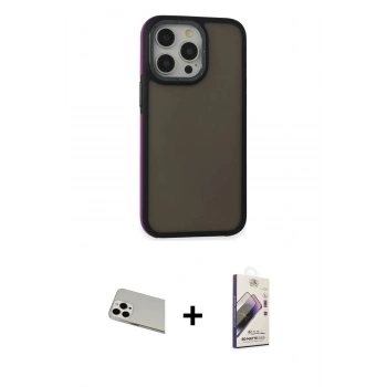 MARSİLYAN™- iPhone 13 Pro Max Kılıf Eksen Işık - Siyah Bilvis 3D Mat Cam Ekran Koruyucu + Rainbow Kamera Lens Koruma Cam - BZ