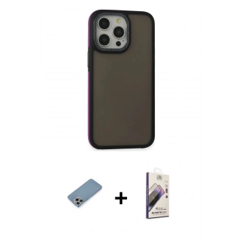 MARSİLYAN™- iPhone 13 Pro Max Kılıf Eksen Işık - Siyah Bilvis 3D Mat Cam Ekran Koruyucu + Shine Kamera Lens Koruma Cam - GI