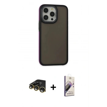 MARSİLYAN™- iPhone 13 Pro Max Kılıf Eksen Işık - Siyah Bilvis 3D Mat Cam Ekran Koruyucu + Raze Metal Kamera Lens - GD
