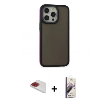 MARSİLYAN™- iPhone 13 Pro Max Kılıf Eksen Işık - Siyah Bilvis 3D Mat Cam Ekran Koruyucu + Pers Alüminyum Kamera Lens - KI