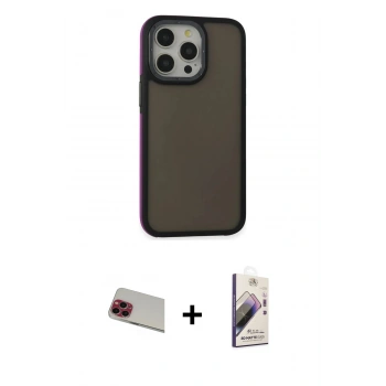 MARSİLYAN™- iPhone 13 Pro Max Kılıf Eksen Işık - Siyah Bilvis 3D Mat Cam Ekran Koruyucu + Rainbow Kamera Lens Koruma Cam - KI