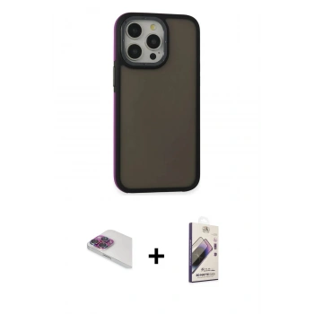 MARSİLYAN™- iPhone 13 Pro Max Kılıf Eksen Işık - Siyah Bilvis 3D Mat Cam Ekran Koruyucu + Pers Alüminyum Kamera Lens - GI