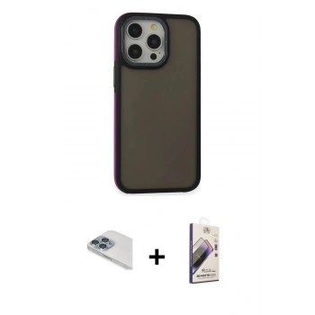 MARSİLYAN™- iPhone 13 Pro Max Kılıf Eksen Işık - Siyah Bilvis 3D Mat Cam Ekran Koruyucu + Pers Alüminyum Kamera Lens - SABE