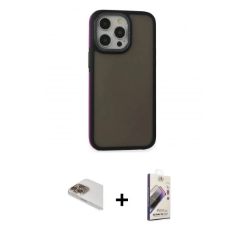MARSİLYAN™- iPhone 13 Pro Max Kılıf Eksen Işık - Siyah Bilvis 3D Mat Cam Ekran Koruyucu + Pers Alüminyum Kamera Lens - GD