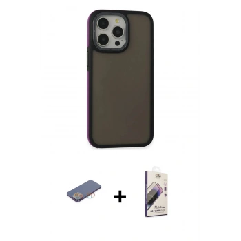 MARSİLYAN™- iPhone 13 Pro Max Kılıf Eksen Işık - Siyah Bilvis 3D Mat Cam Ekran Koruyucu + Renkli Kamera Lens Koruma Cam - PE
