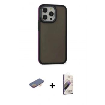 MARSİLYAN™- iPhone 13 Pro Max Kılıf Eksen Işık - Siyah Bilvis 3D Mat Cam Ekran Koruyucu + Renkli Kamera Lens Koruma Cam - TU