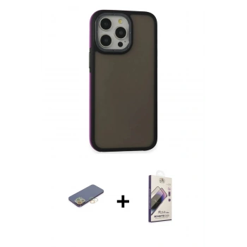 MARSİLYAN™- iPhone 13 Pro Max Kılıf Eksen Işık - Siyah Bilvis 3D Mat Cam Ekran Koruyucu + Renkli Kamera Lens Koruma Cam - SI