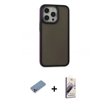 MARSİLYAN™- iPhone 13 Pro Max Kılıf Eksen Işık - Siyah Bilvis 3D Mat Cam Ekran Koruyucu + Shine Kamera Lens Koruma Cam - PE