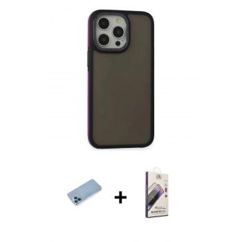 MARSİLYAN™- iPhone 13 Pro Max Kılıf Eksen Işık - Siyah Bilvis 3D Mat Cam Ekran Koruyucu + Shine Kamera Lens Koruma Cam - MI