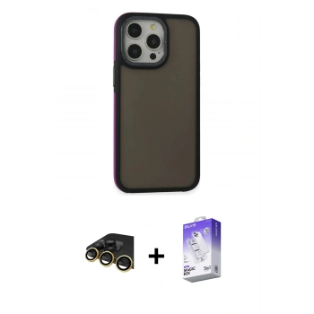 MARSİLYAN™- iPhone 13 Pro Max Kılıf Eksen Işık - Siyah Bilvis 5in1 3D Magic Cam Ekran Koruyucu + Raze Metal Kamera Lens - GD