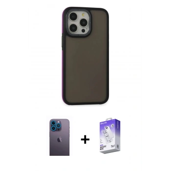 MARSİLYAN™- iPhone 13 Pro Max Kılıf Eksen Işık - Siyah Bilvis 5in1 3D Magic Cam Ekran Koruyucu + Neon Fosforlu Kamera Lens - MI