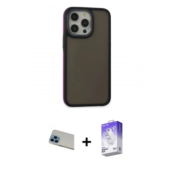 MARSİLYAN™- iPhone 13 Pro Max Kılıf Eksen Işık - Siyah Bilvis 5in1 3D Magic Cam Ekran Koruyucu + Rainbow Kamera Lens Koruma Cam - MI