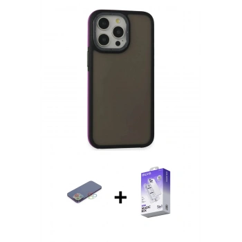 MARSİLYAN™- iPhone 13 Pro Max Kılıf Eksen Işık - Siyah Bilvis 5in1 3D Magic Cam Ekran Koruyucu + Renkli Kamera Lens Koruma Cam - MI