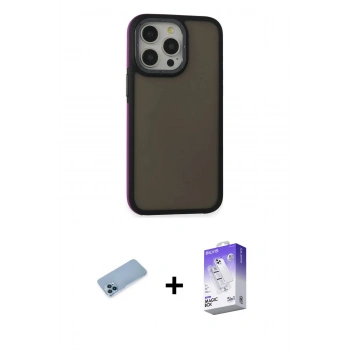 MARSİLYAN™- iPhone 13 Pro Max Kılıf Eksen Işık - Siyah Bilvis 5in1 3D Magic Cam Ekran Koruyucu + Shine Kamera Lens Koruma Cam - MI