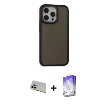 MARSİLYAN™- iPhone 13 Pro Max Kılıf Eksen Işık - Siyah Bilvis 5in1 3D Magic Cam Ekran Koruyucu + Rainbow Kamera Lens Koruma Cam - MR