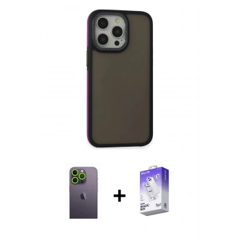MARSİLYAN™- iPhone 13 Pro Max Kılıf Eksen Işık - Siyah Bilvis 5in1 3D Magic Cam Ekran Koruyucu + Neon Fosforlu Kamera Lens - YL