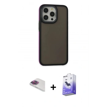 MARSİLYAN™- iPhone 13 Pro Max Kılıf Eksen Işık - Siyah Bilvis 5in1 5D Magic Hayalet Cam Ekran Koruyucu + Pers Alüminyum Kamera Lens - GI