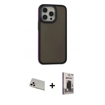 MARSİLYAN™- iPhone 13 Pro Max Kılıf Eksen Işık - Siyah Bilvis Hayalet Cam Ekran Koruyucu + Rainbow Kamera Lens Koruma Cam - BZ