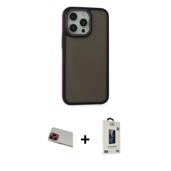 MARSİLYAN™- iPhone 13 Pro Max Kılıf Eksen Işık - Siyah Bilvis Hayalet Cam Ekran Koruyucu + Rainbow Kamera Lens Koruma Cam - KI
