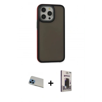 MARSİLYAN™- iPhone 13 Pro Max Kılıf Eksen Işık - Siyah Bilvis Hayalet Cam Ekran Koruyucu + Rainbow Kamera Lens Koruma Cam - MI