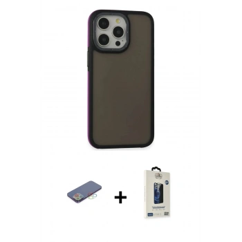 MARSİLYAN™- iPhone 13 Pro Max Kılıf Eksen Işık - Siyah Bilvis Hayalet Cam Ekran Koruyucu + Renkli Kamera Lens Koruma Cam - MI