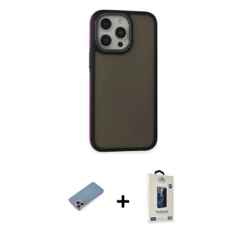 MARSİLYAN™- iPhone 13 Pro Max Kılıf Eksen Işık - Siyah Bilvis Hayalet Cam Ekran Koruyucu + Shine Kamera Lens Koruma Cam - PE
