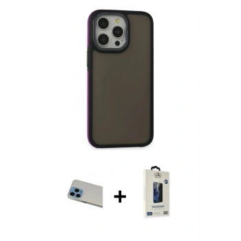 MARSİLYAN™- iPhone 13 Pro Max Kılıf Eksen Işık - Siyah Bilvis Hayalet Cam Ekran Koruyucu + Rainbow Kamera Lens Koruma Cam - MI
